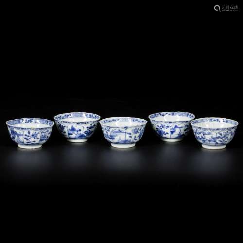 A set of (5) porcelain bowls with floral and landscape decor...