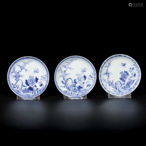 A set of (3) porcelain plates with decor of a fence, river l...