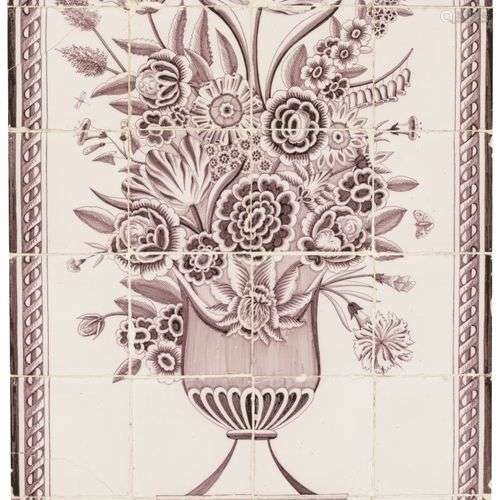A manganese tile scene depiciting flowers in a vase, Dutch, ...