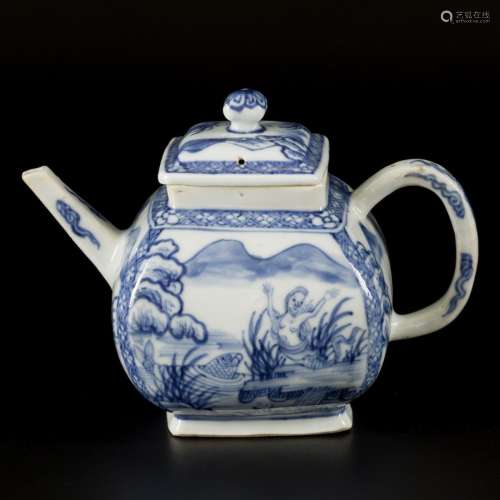 A porcelain teapot with decor of a mermaid and carp in a lak...
