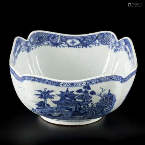 A porcelain salad bowl with decor of landscapes and temples,...