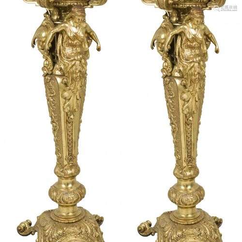 A set of (2) identical bronze pedestals with marble top, Fra...