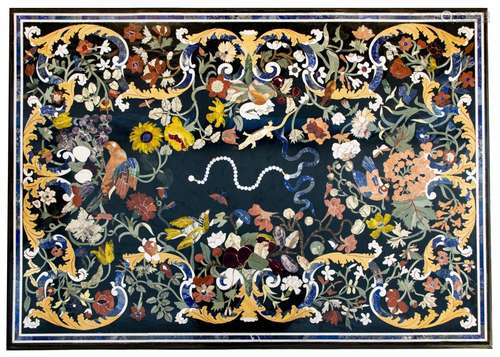 A rectangular Italian pietra dura table top with birds betwe...