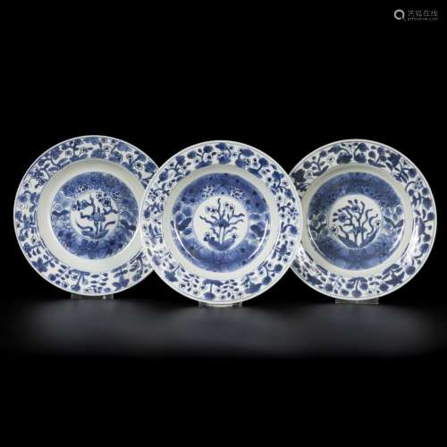 A set of (3) deep porcelain plates with floral decoration, C...