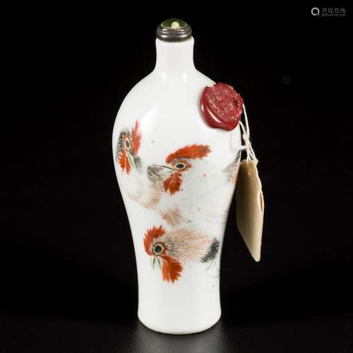 A porcelain famille rose snuff bottle decorated with rooster...