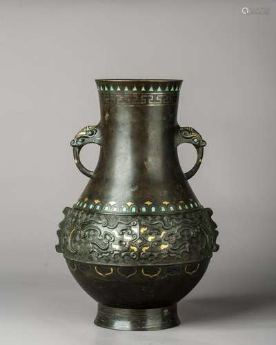 A Chinese Gold And Silver-Inlaid Bronze Bottle,Eastern