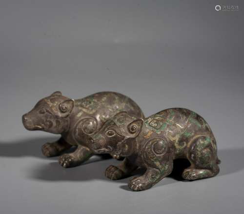 A Chinese Pair Of Silver And Silver-Inlaid Bronze