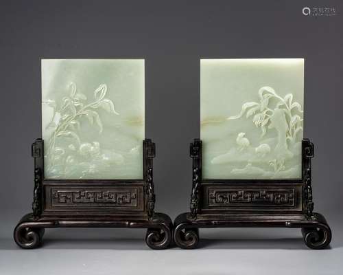 A Chinese Pair Of White Jade Table Screens,Mid Qing