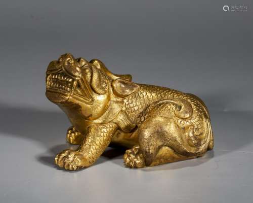 A Chinese Gilt-Bronze Mythical Beast,Qing Dynasty
