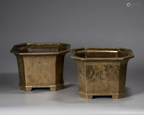 A Chinese Pair Of Bronze Flowerpotsï¼ŒMing Dynasty