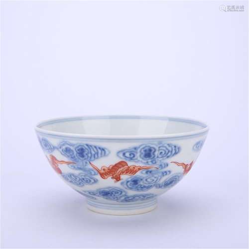 A Chinese Iron-Red Decorated Blue And White Bowl,Qing