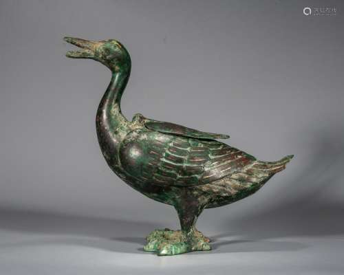 A Chinese Gold And Silver-Inlaid Bronze Duck,Warring