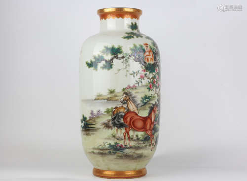 A Qing QianLength enamelled vase with a poetic animal depict...