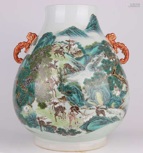 A QianLength famille-rose enamelled double-eared deer vase