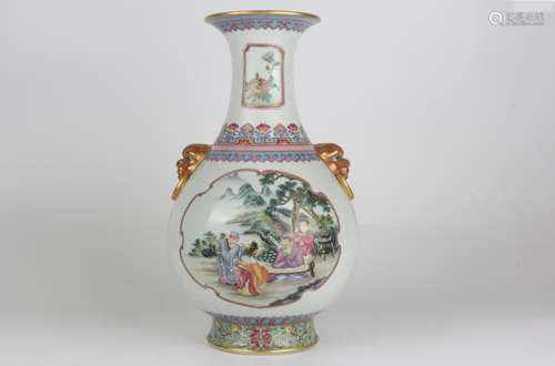 A Qing Yongzheng enamelled vase with figures and animal ears