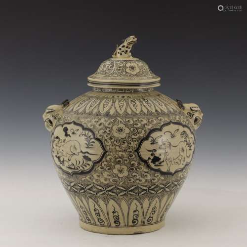 Yuan dynasty tiger ear beast pattern lid jar