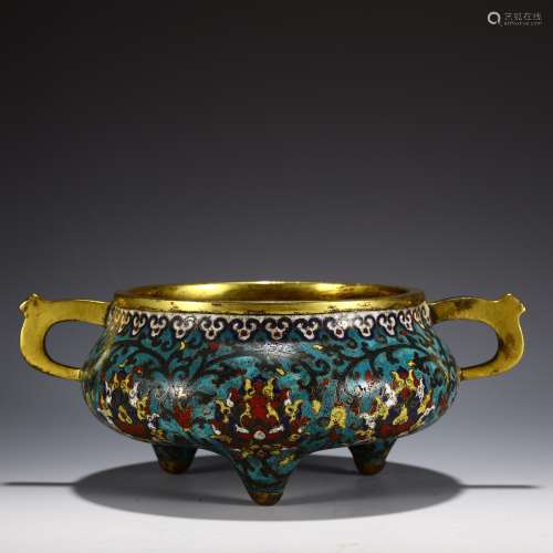 Qing Dynasty three-legged cloisonne censer with two ears