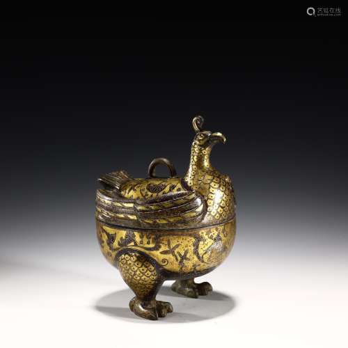 Ancient bronze vessels made of gold, silver and phoenix bird...