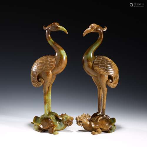A pair of ancient jade turtle dragon crane ornaments