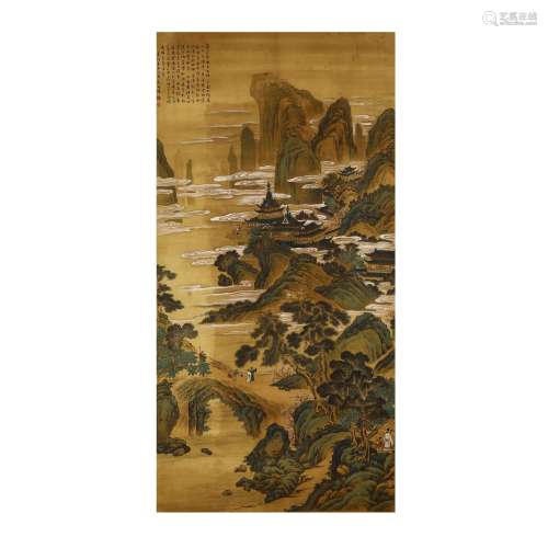 Silk scroll Chou Ying: Landscape figure painting