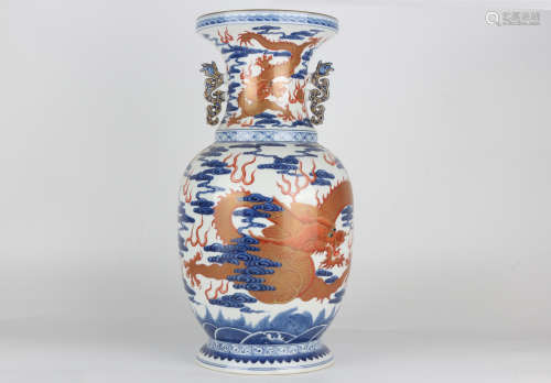 Qing QianLength blue and white alum-red dragon with gilded d...