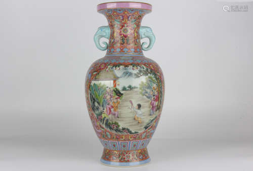 Qing Yongzheng enamelled vase with two elephant ears and inf...