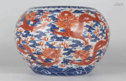 QianLength Qing dynasty blue and white alum red dragon wash