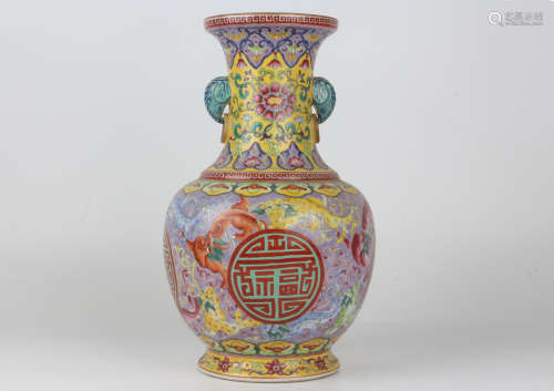 A QianLength enamelled gilt-painted elephant-ear vase