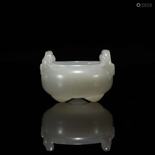 Qing Dynasty Hetian white jade dragon ear three-foot incense...