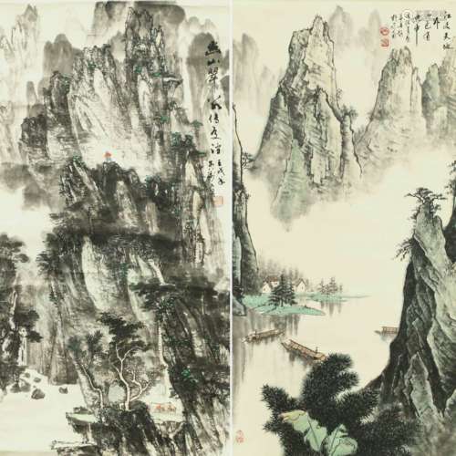 馮紹峯，曹爾萬，山水一對