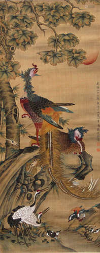 A Chinese Bird with Flower Silk Painting, Shen Quan Mark