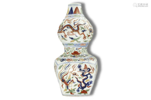 A Wucai Dragon and Phoenix Pattern Gourd Shape Porcelain Vas...