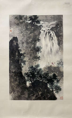 A Chinese Landscape Waterfall Painting, Fu Baoshi Mark