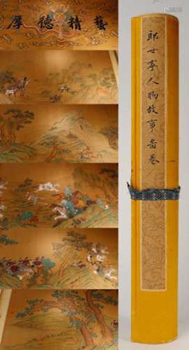 A Chinese Character Story with Landscape Hand Roll Silk Pain...