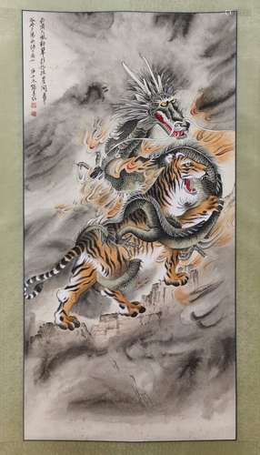 A Chinese Dragon with Tiger Painting, Zhang Shanzi Mark