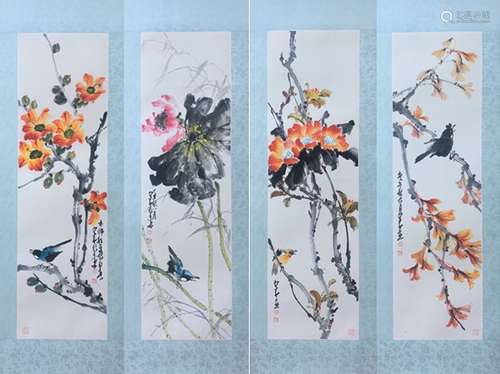 A Group of Four Bird with Flower Painting, Zhao Shaoang