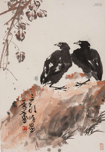 A Chinese Double Bird Painting, Xu Linlu Mark