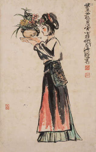 A Chinese Beauty with Flower Painting, Cheng Shifa Mark