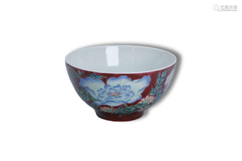 A Famille Rose Red Base Flower Pattern Porcelain Bowl