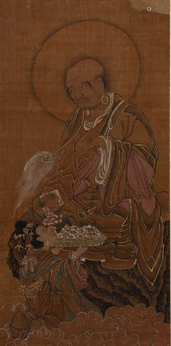 A Chinese Lohan Silk Painting, Wang Lin Mark