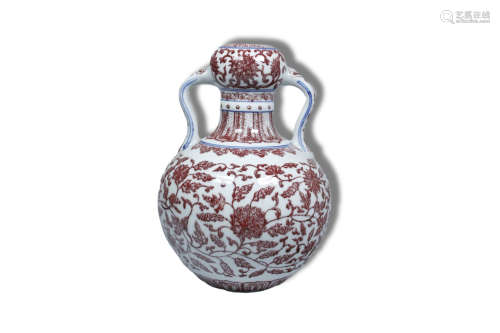 A Red in Glazed Flower Pattern Double Ear Porcelain Vase