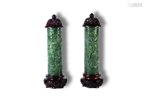 A Pair of Carved Character with Landscape Pattern Green Jade...