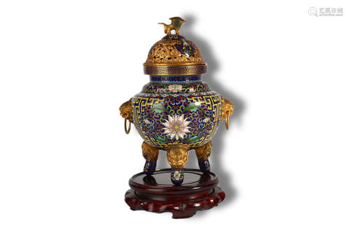 A Flower Pattern Double Lion Ear Bronze Cloisonne Incense Bu...