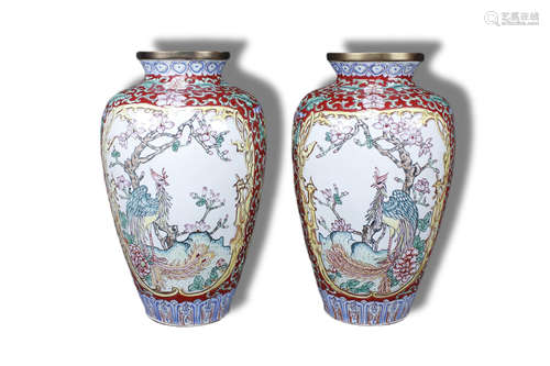 A Pair of Phoenix with Flower Pattern Red Base Enameling Bro...