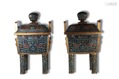 A Pair of Beast Face Pattern Bronze Cloisonne Ding