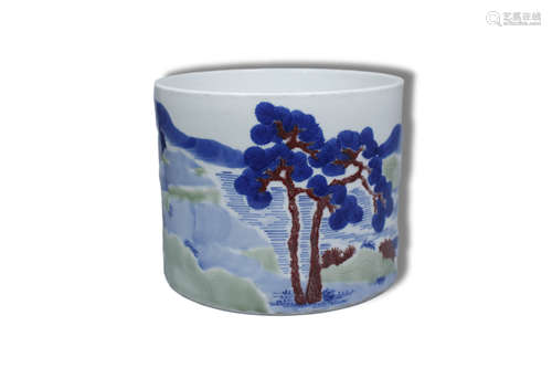 An Red in Glazed Landscape Porcelain Brush Pot