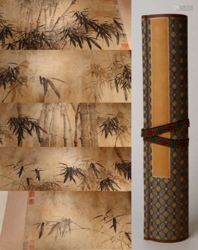 A Chinese Bamboo Hand Roll Silk Painting