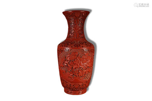 A Bird with Flower Wood Base Red Lacquerware Vase