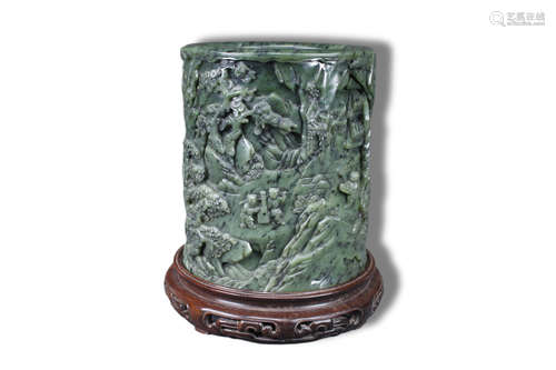 A Character with Landscape Green Jade Brush Pot