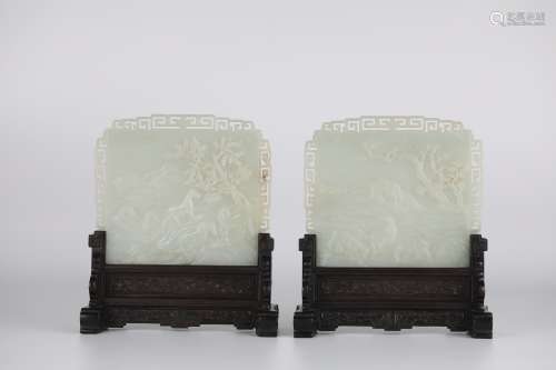 18th,A pair of poems and white jade Chinese screens